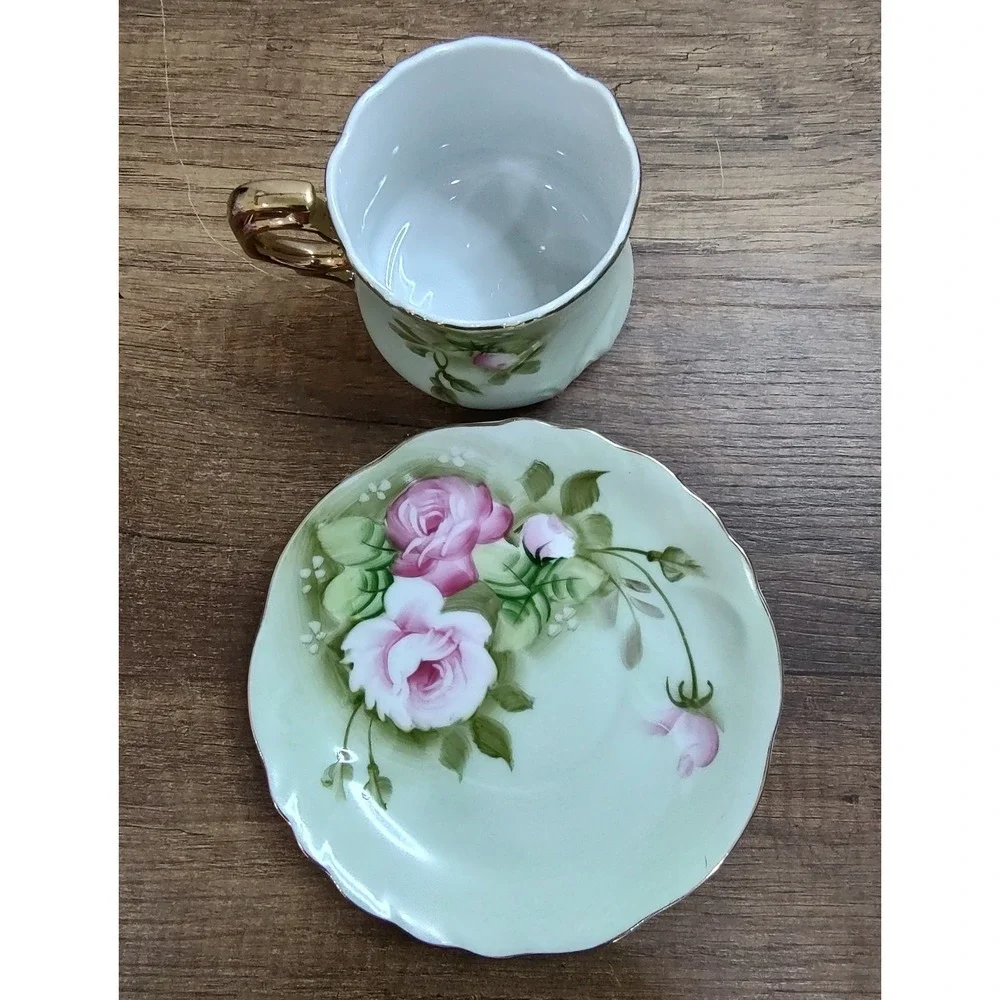 Vintage Lefton Heritage Green Hand Painted Teacup and Saucer #3057 1950's